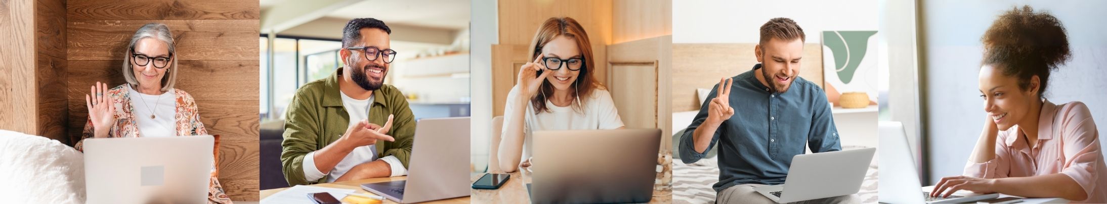 Verschiedene Personen beim Videochat an ihrem Laptop